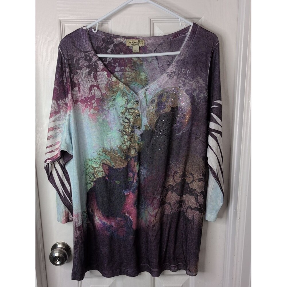 one world Mystical Cat Print 3/4 Sleeve Henley Tunic in Purple Multi Size 3X